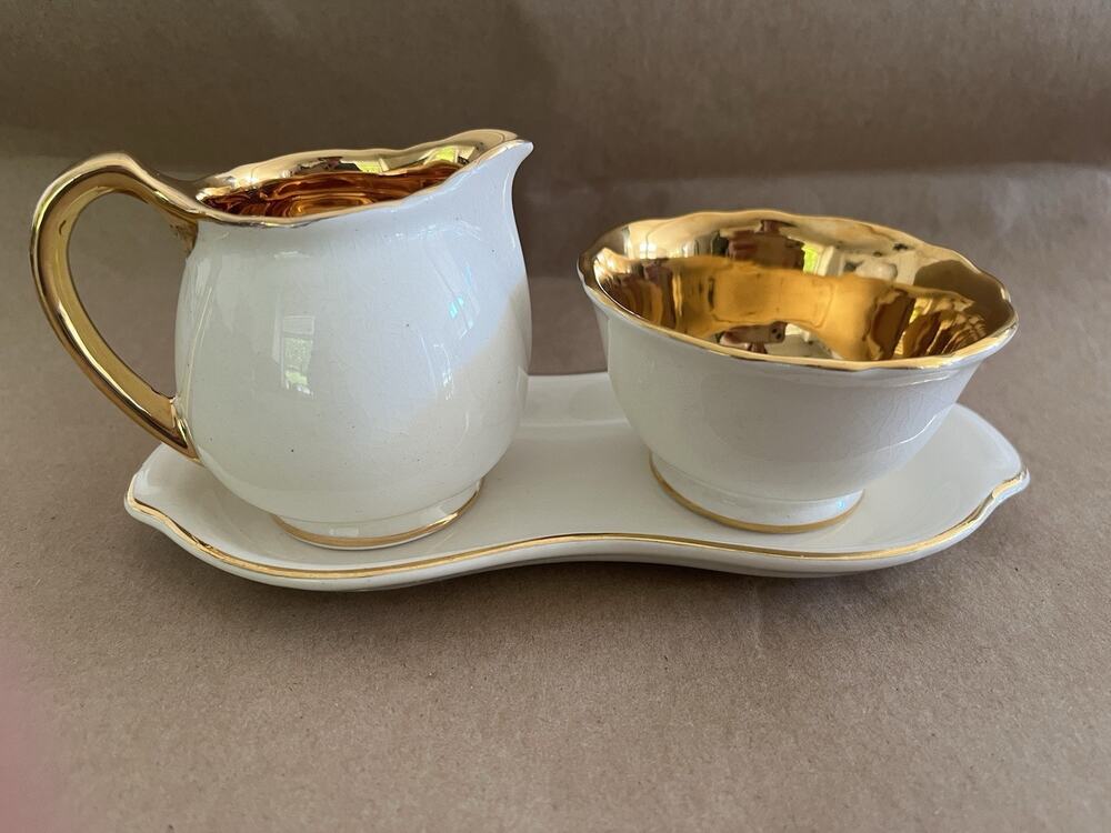 Vintage Crown Devon Creamer, Sugar, Plate Made In England W/Gold Insides, Handle